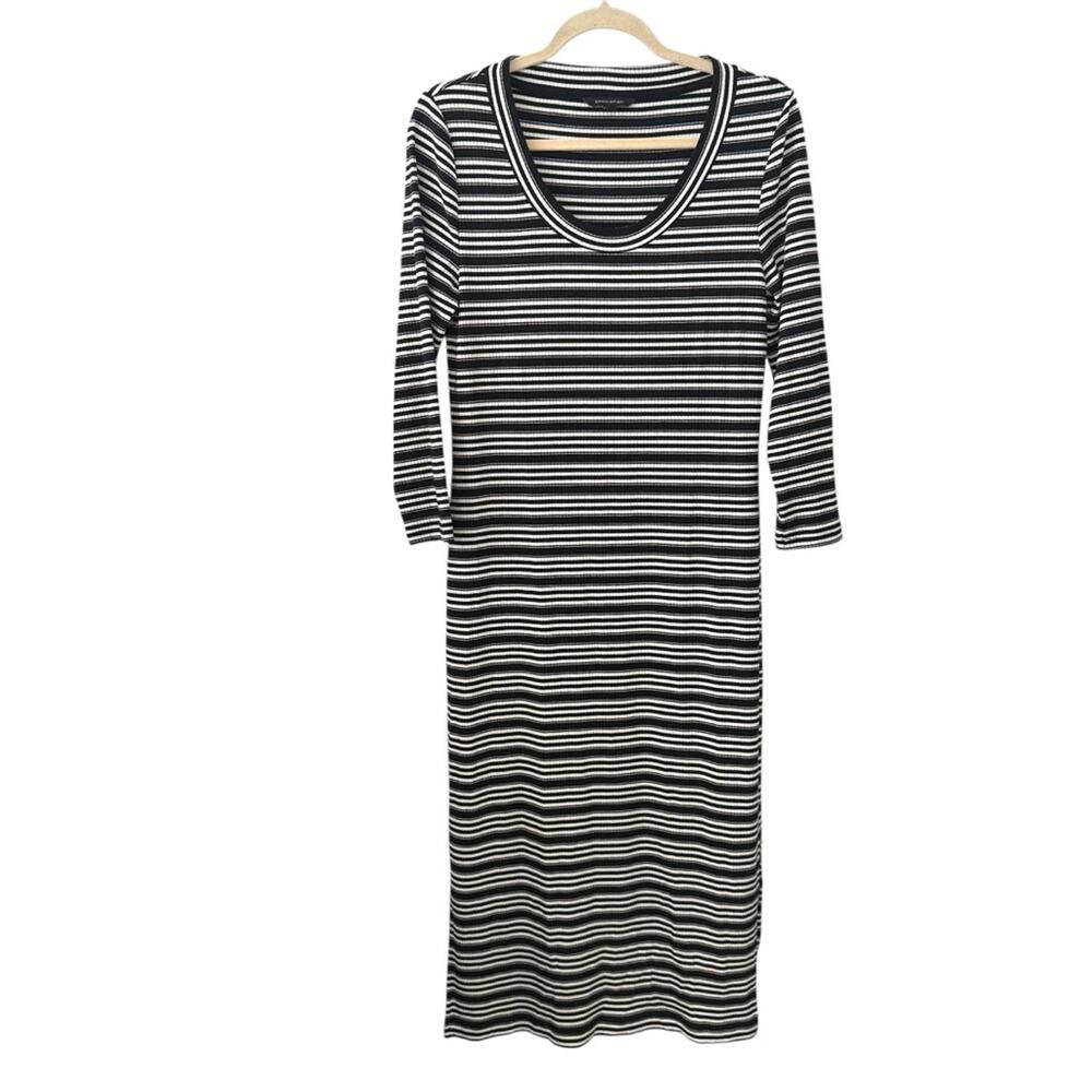 Banana Republic Medium Black White Striped Ribbed Knit Maxi Dress 3/4 Sleeve